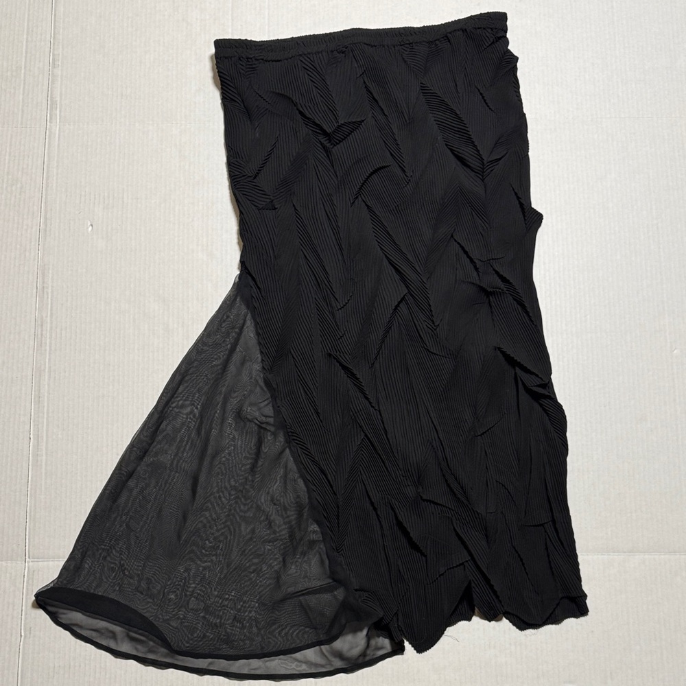 HAN FENG Women's Ruched Pleated Crinkle Black Maxi Skirt Sheer Whimsigoth XL - Picture 7 of 10